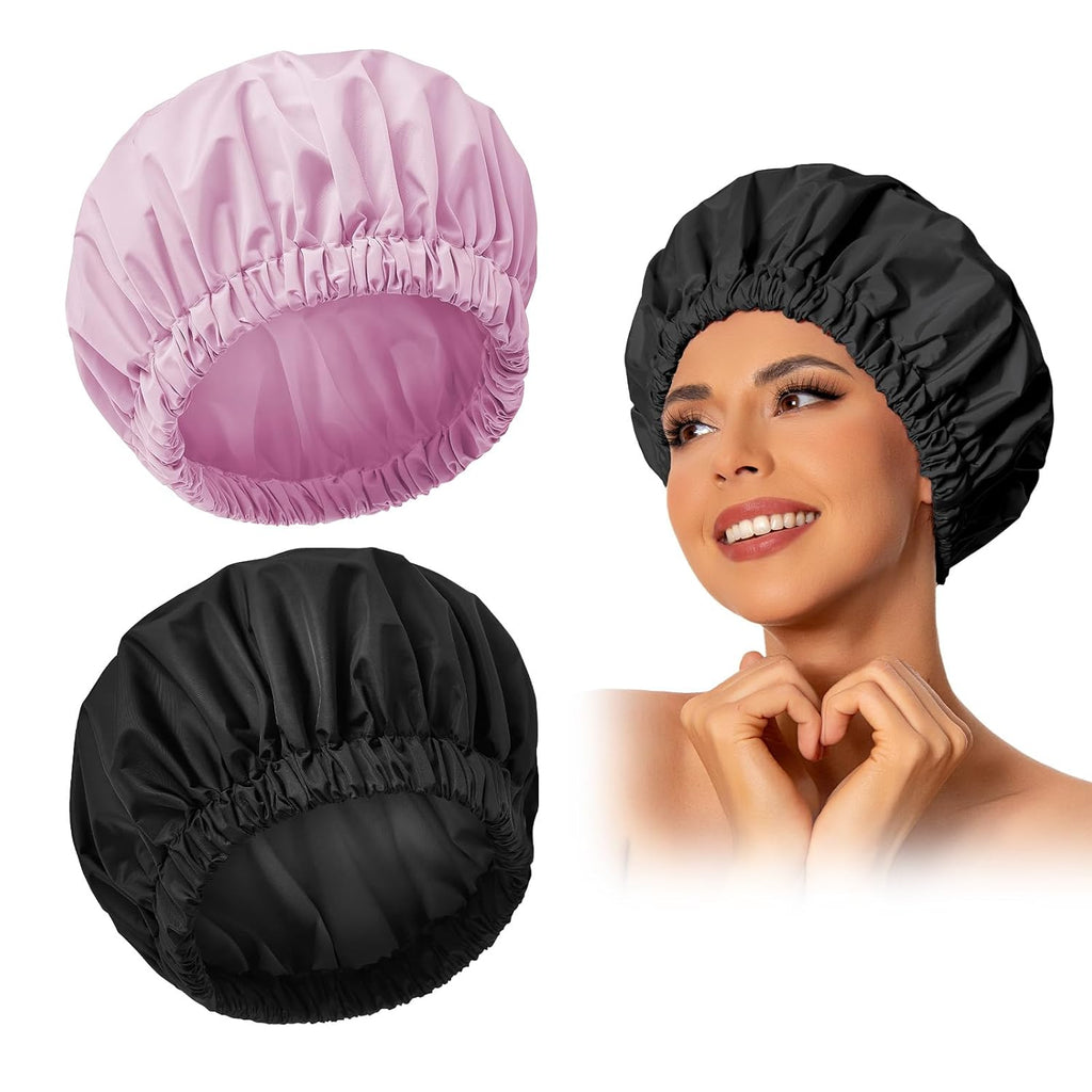 Reusable Shower Cap for Women, Large Waterproof Shower Bonnet Washable Elastic Band Bath Hair Hat for Long Hair, Braids(Green)