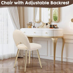 Vanity Chair with Adjustable Backrest, Boucle Upholstery Armless Makeup Stool, Cream White Sherpa Vanity Stool with Gold Metal Legs for Bedroom Living Room Kitchen Dinning Room (Gold and White)