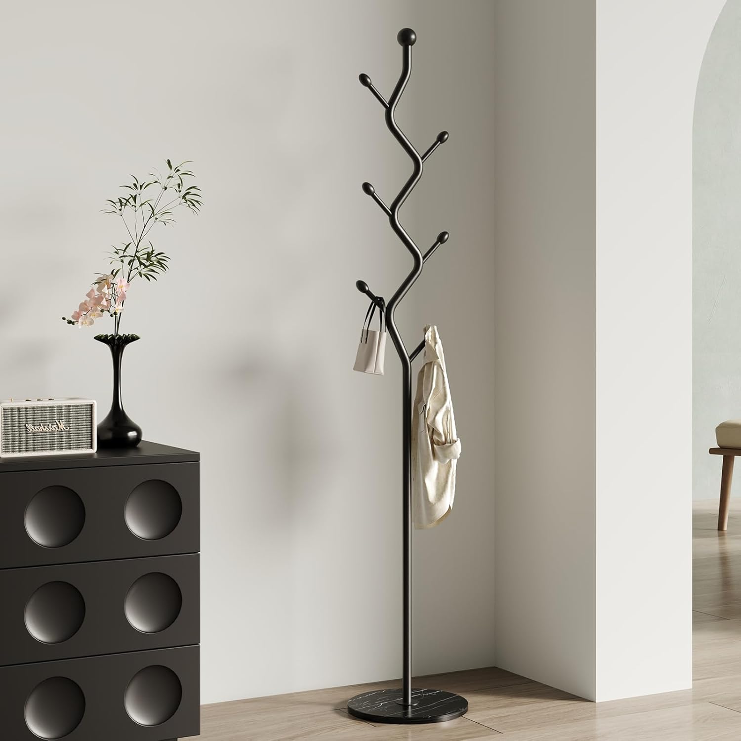 Tree Branch-Look Coat Rack Freestanding with 6 Hooks & Sturdy Marble base Metal Clothes Hanger Stand for Entryway/Mudroom/Bedroom/Hallway/Home Office (Matte black)