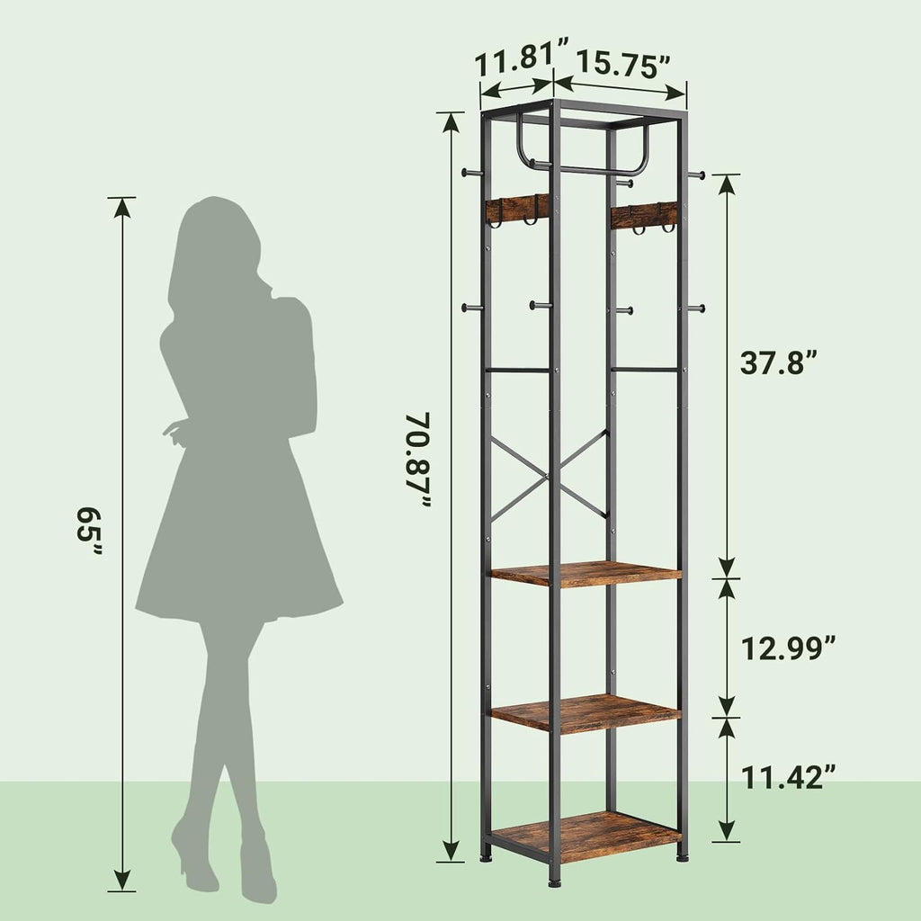 Coat Rack Freestanding, Hall Tree with 3 Storage Shelves and 12 Hooks, Industrial Clothes Rack Stand Organizer for Bedroom, Hallway, Entryway, Office, Living Room, Rustic Brown