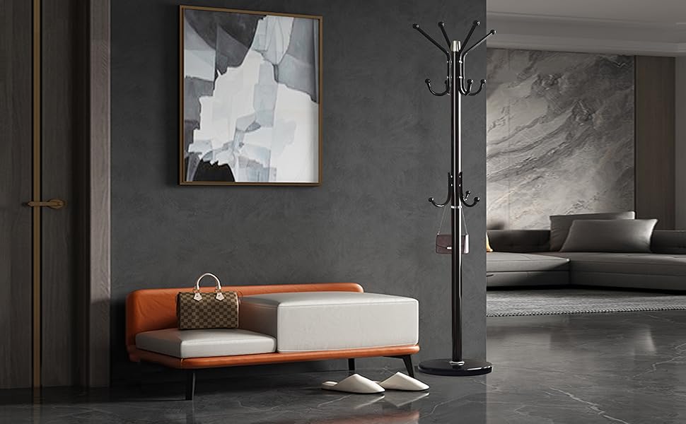 Modern Coat Rack Freestanding with Natural Marble Base & Sturdy Metal Frame, 11 Hooks Hall Tree for Jackets, Hats, Bags, Entryway Organizer for Bedroom, Living Room, Closet (11 hooks-Black)
