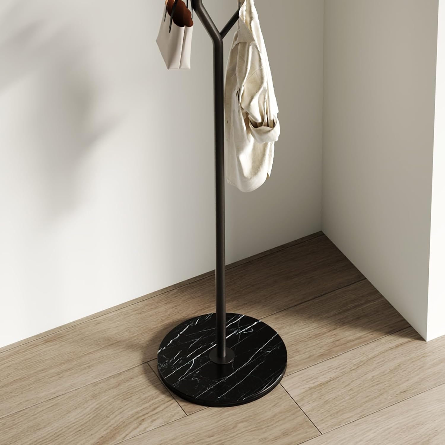 Tree Branch-Look Coat Rack Freestanding with 6 Hooks & Sturdy Marble base Metal Clothes Hanger Stand for Entryway/Mudroom/Bedroom/Hallway/Home Office (Matte black)