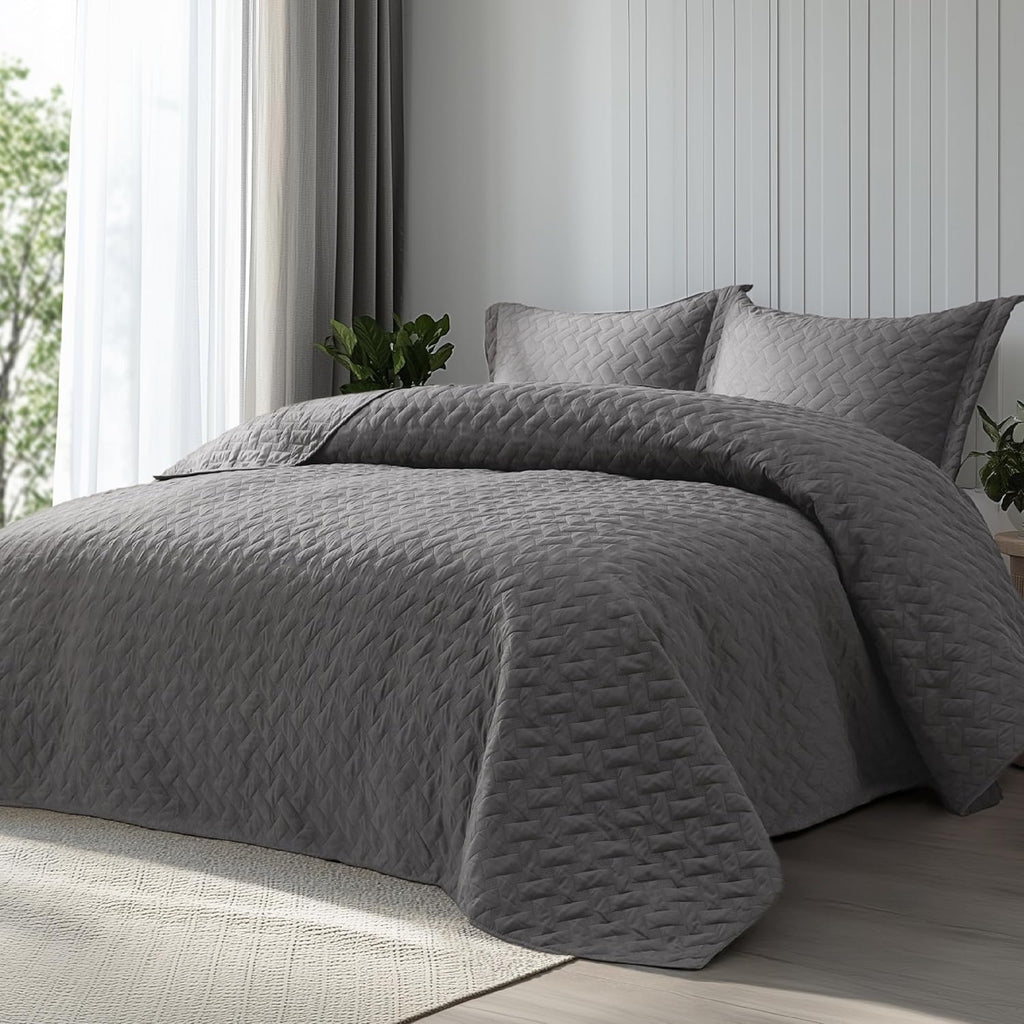 Quilts Queen Size - Grey Bedspreads Queen Size with Basket Weave Pattern, Soft Quilt Bedding Set, Lightweight Comforter Set Coverlet for All Seasons with 2 Pillow Shams (90" x 96") | Skin-Friendly Soft, All-Season Comfort, Breathable