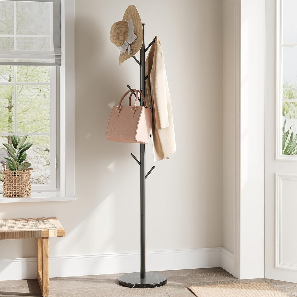 Coat Rack Freestanding with Natural Marble Base, Metal Coat Rack Stand with 10 Hooks, 3 Adjustable Size Coat Tree for Bags, Clothes, and Hats for Entryway, Bedroom, Hallway, Office, Black