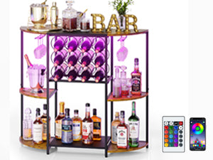 JKsmart Wine Bar Cabinet with LED Lights, Mini Wine Rack with Storage and Glass Holder, Home Bar Cart for Liquor, 3-Tier Bar Table for Kitchen, Dining Room, Living Room, Rustic Brown