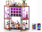 JKsmart Wine Bar Cabinet with LED Lights, Mini Wine Rack with Storage and Glass Holder, Home Bar Cart for Liquor, 3-Tier Bar Table for Kitchen, Dining Room, Living Room, Rustic Brown