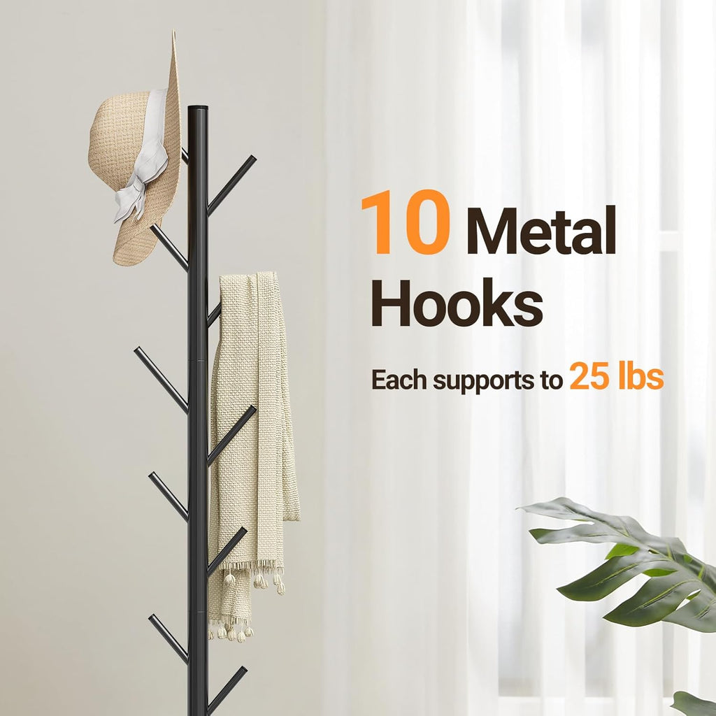 Coat Rack Freestanding with Natural Marble Base, Metal Coat Rack Stand with 10 Hooks, 3 Adjustable Size Coat Tree for Bags, Clothes, and Hats for Entryway, Bedroom, Hallway, Office, Black