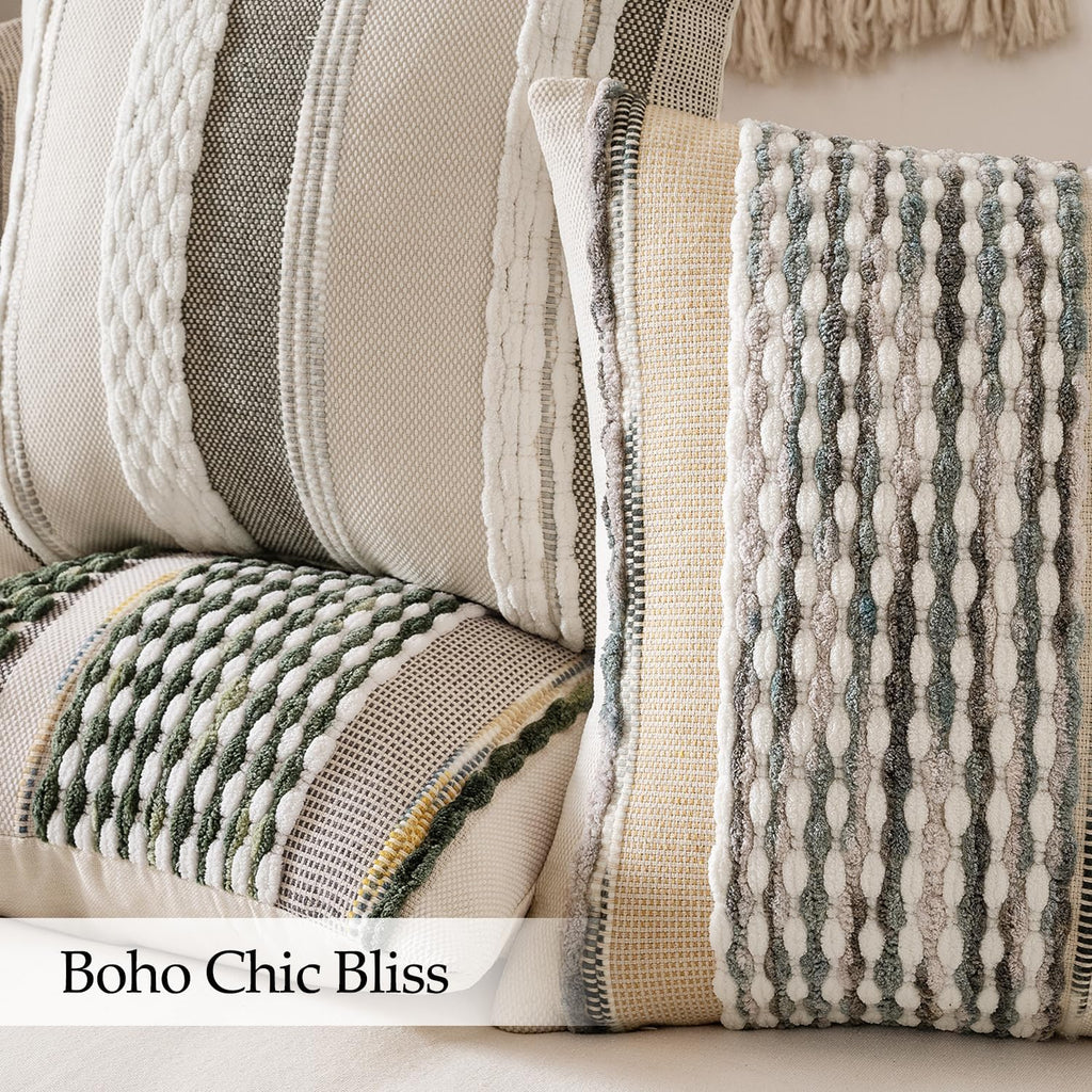 ANRODUO Pack of 2 Boho Decorative Throw Pillow Covers 18x18 Farmhouse Cushion Case Striped Chenille Pillow Cases Square Pillow Covers Accent Neutral Pillowcase for Sofa Couch Bed, Olive Green Stripe