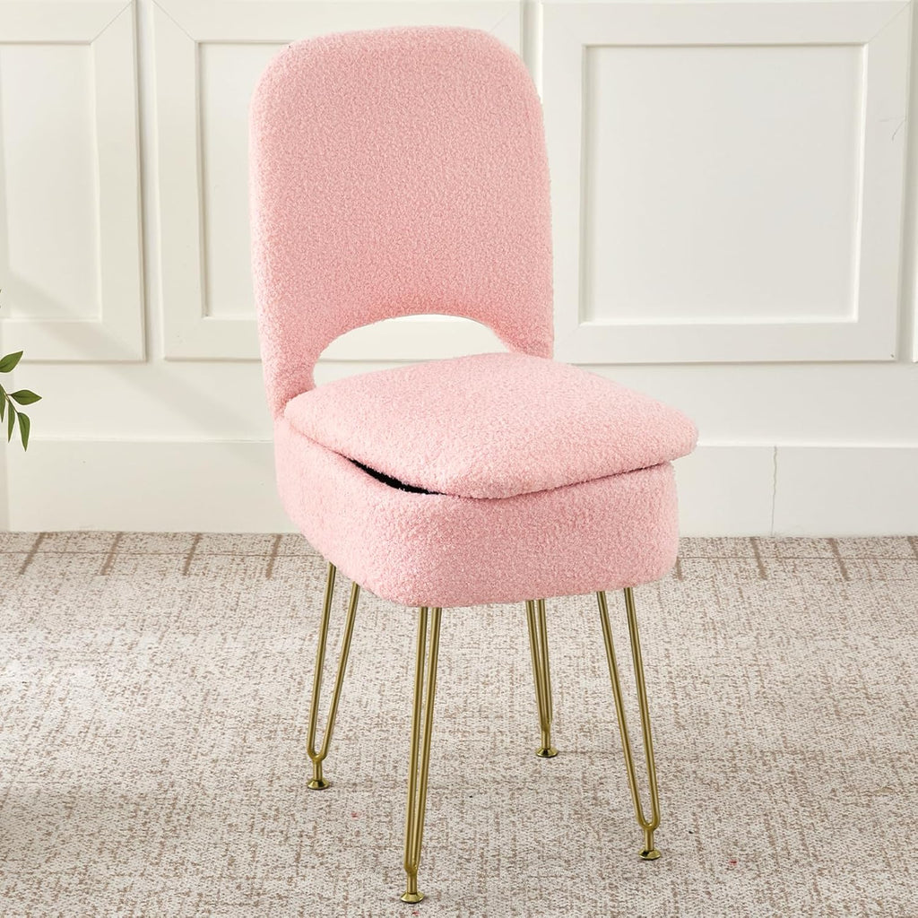 Vanity Chair with Storage and Folding Back, Faux Fur Square Storage Chair, Vanity Stool Chair with 4 Metal Legs for Bedroom, Living Room and Makeup Stations, 13.4"x 15"x 30", White