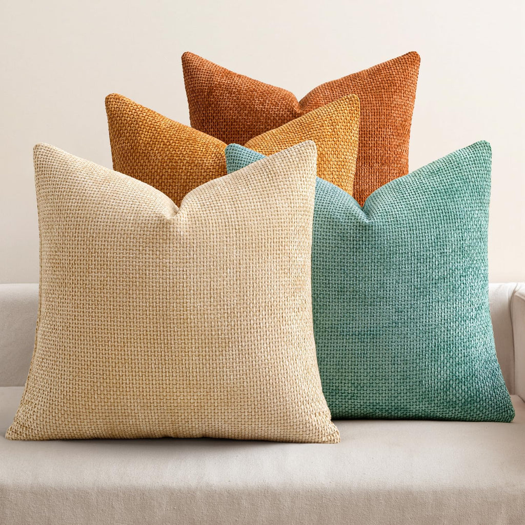 Pack of 4 Couch Throw Pillow Covers 18x18 Inch Neutral Blue Soft Decorative Chenille Pillow Covers Farmhouse Accent Cushion Covers for Boho Western Spring Coastal Decor Sofa Bed Living Room