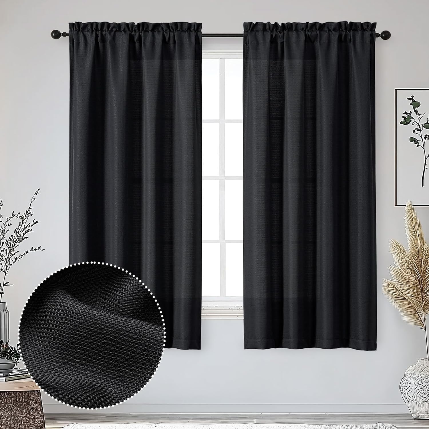 Black Curtains 63 Inch Length 2 Panels Set for Living Room Bedroom, Light Filtering Faux Linen Textured Soft Window Curtain, Airy Soft Rod Pocket cortinas para cuarto, 40Wx63L Inches, 2 Pcs