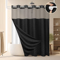 No Hook Shower Curtain and Liner Set, Black Snap in Shower Curtain Ringless Chevron Tufted Cloth Waterproof Washable Fabric Bath Curtain with See Through Top Window for Bathroom Hotel 71" x 74"