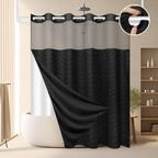 No Hook Shower Curtain and Liner Set, Black Snap in Shower Curtain Ringless Chevron Tufted Cloth Waterproof Washable Fabric Bath Curtain with See Through Top Window for Bathroom Hotel 71" x 74"