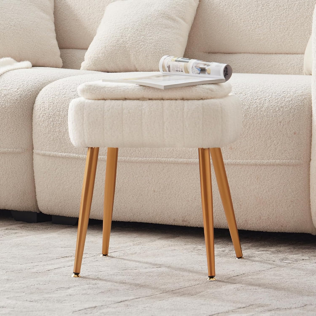 Vanity Chair, Storage Ottoman with Folding Back & Gold-Toned Metal Legs, Ottoman Seat with Teddy Velvet for Dressing Room Living Room Bedroom, 16" x 12.5" Inch