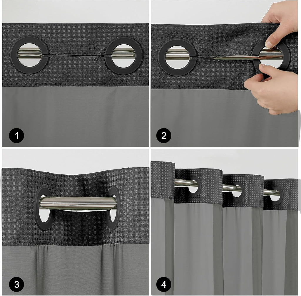No Hook Waffle Shower Curtain with Snap in Fabric, Waterproof Shower Curtains with See Through Top Window, Hotel Luxury Heavy Duty Bathroom Curtain and Liner Set, 72'' x 75'', Black