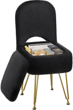 Small Vanity Stool Chair with Storage and Folding Back, 13.4" x 15" x 30" Square Faux Fur Soft Ottoman, 4 Metal Legs with Anti-Slip Feet, Furry Padded Seat for Makeup, Bedroom, White
