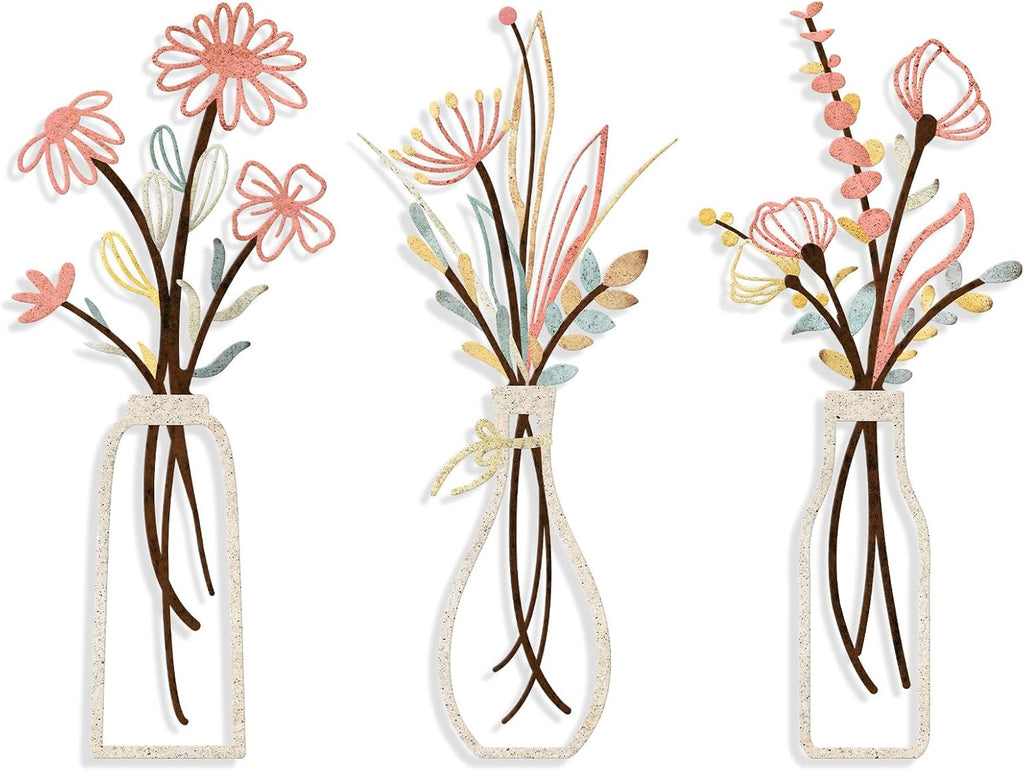 3 Pieces Metal Flowers Wall Arts - Rustic Farmhouse Decor Black Minimalist Flower Wall Decors for Living room Bathroom Bedroom Dining Room - Housewarming Gifts(Black, Vase-C)