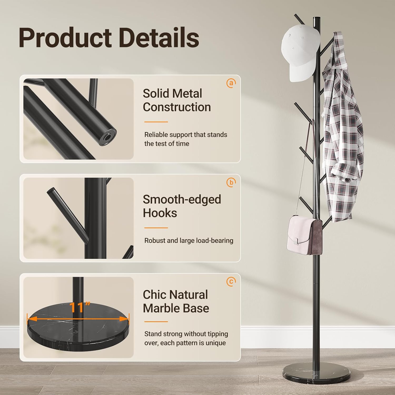 Coat Rack Freestanding with Natural Marble Base, Metal Coat Rack Stand with 10 Hooks, 3 Adjustable Size Coat Tree for Bags, Clothes, and Hats for Entryway, Bedroom, Hallway, Office, Black