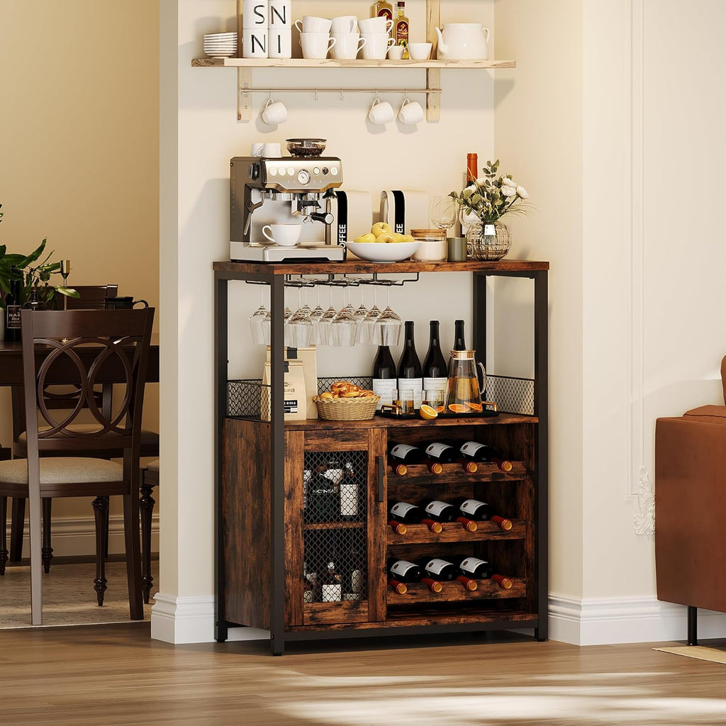 Wine Bar Rack Cabinet with LED Light, Adjustable Shelves Coffee Bar Cabinet with Mesh Door and Baffle Design, 36″ Tall Small Liquor Bar Cabinet for Home, Kitchen, Dinning Room, Rustic Brown