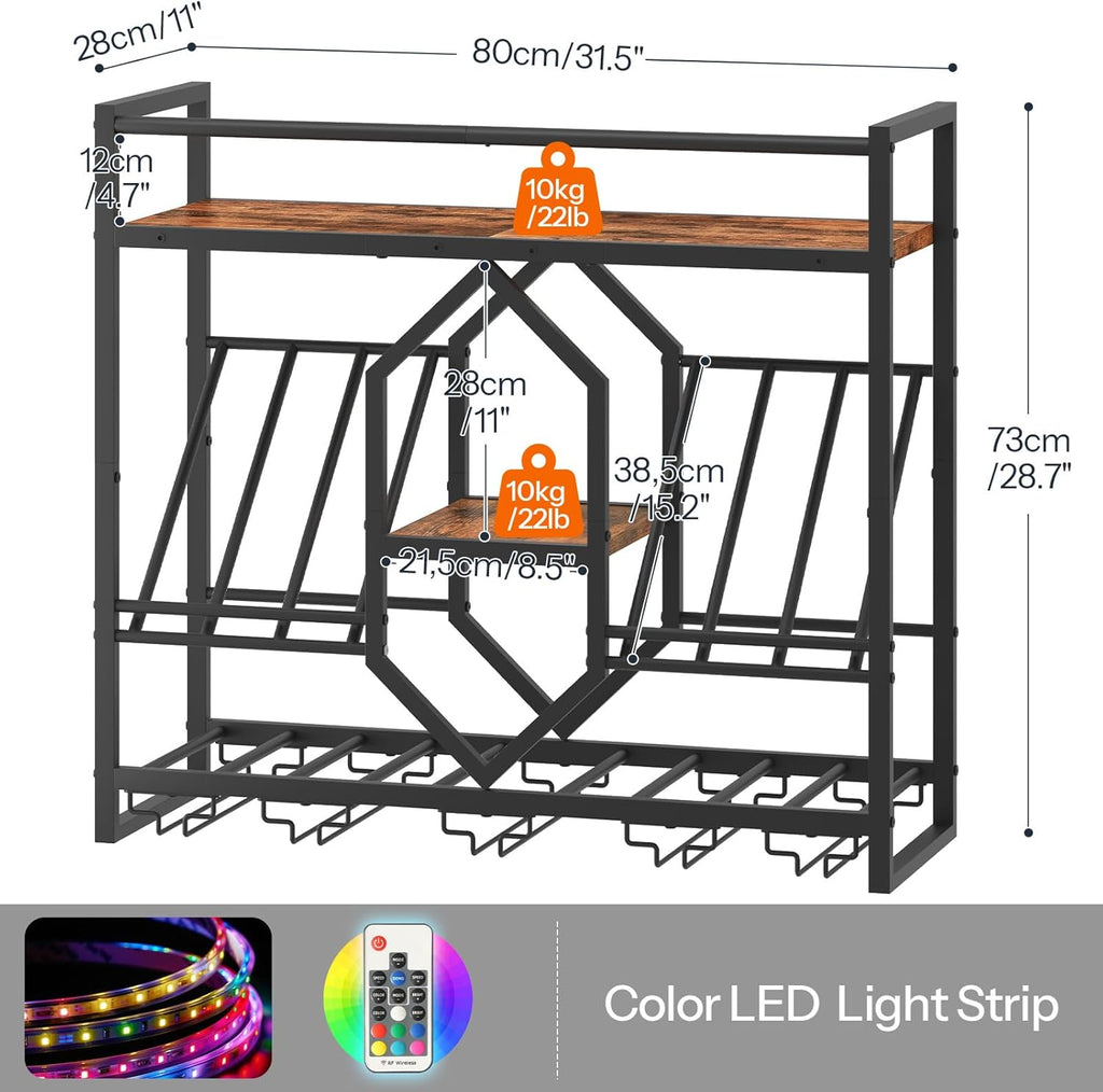 HOOBRO Wall Mounted Wine Rack with LED Light, 31.5" Wine Shelf, 3 Tier Wine Bottle Display Shelf with Glass Holder, Hanging Bar Liquor Storage Rack, for Kitchen, Bar, Rustic Brown and Black BF73DBJ01