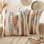 ANRODUO Pack of 2 Boho Decorative Throw Pillow Covers 18x18 Farmhouse Cushion Case Striped Chenille Pillow Cases Square Pillow Covers Accent Neutral Pillowcase for Sofa Couch Bed, Olive Green Stripe