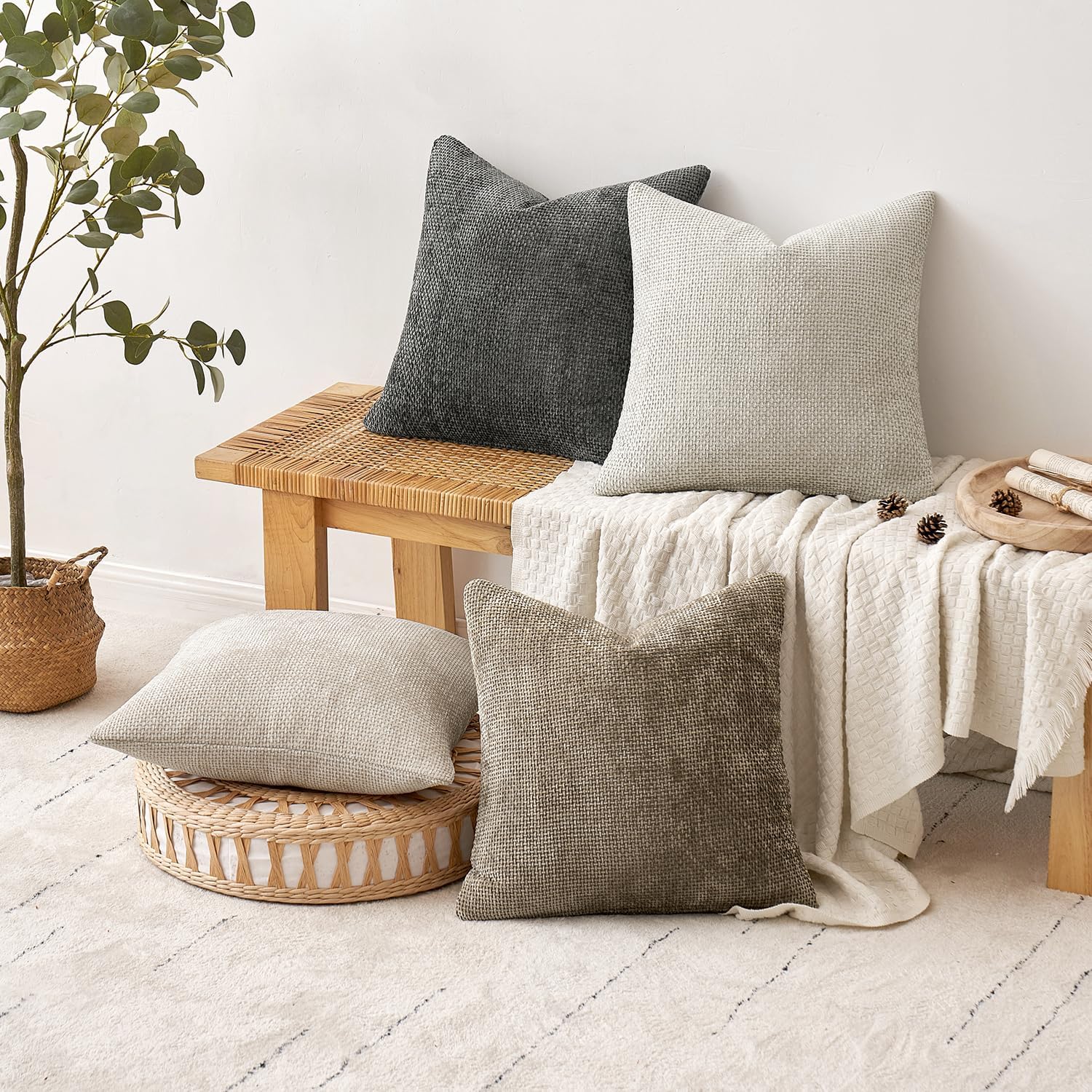 Pack of 4 Couch Throw Pillow Covers 18x18 Inch Neutral Soft Decorative Chenille Pillow Covers Farmhouse Boho Cushion Covers for Mid Century Modern Spring Home Decor Sofa Bedroom Living Room