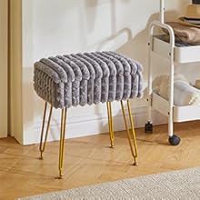 Rectangle Vanity Chair with Storage Space, Footrest Footstool Ottoman, Vanity Stool, Dressing Table Chair, with Anti-Slip Feet, for Makeup Room, Bedroom, Square Grid Pattern, White WBD004W