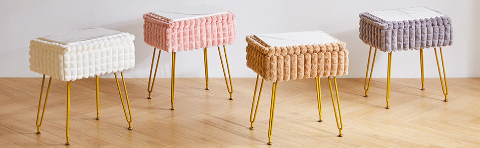Rectangle Vanity Chair with Storage Space, Footrest Footstool Ottoman, Vanity Stool, Dressing Table Chair, with Anti-Slip Feet, for Makeup Room, Bedroom, Square Grid Pattern, White WBD004W