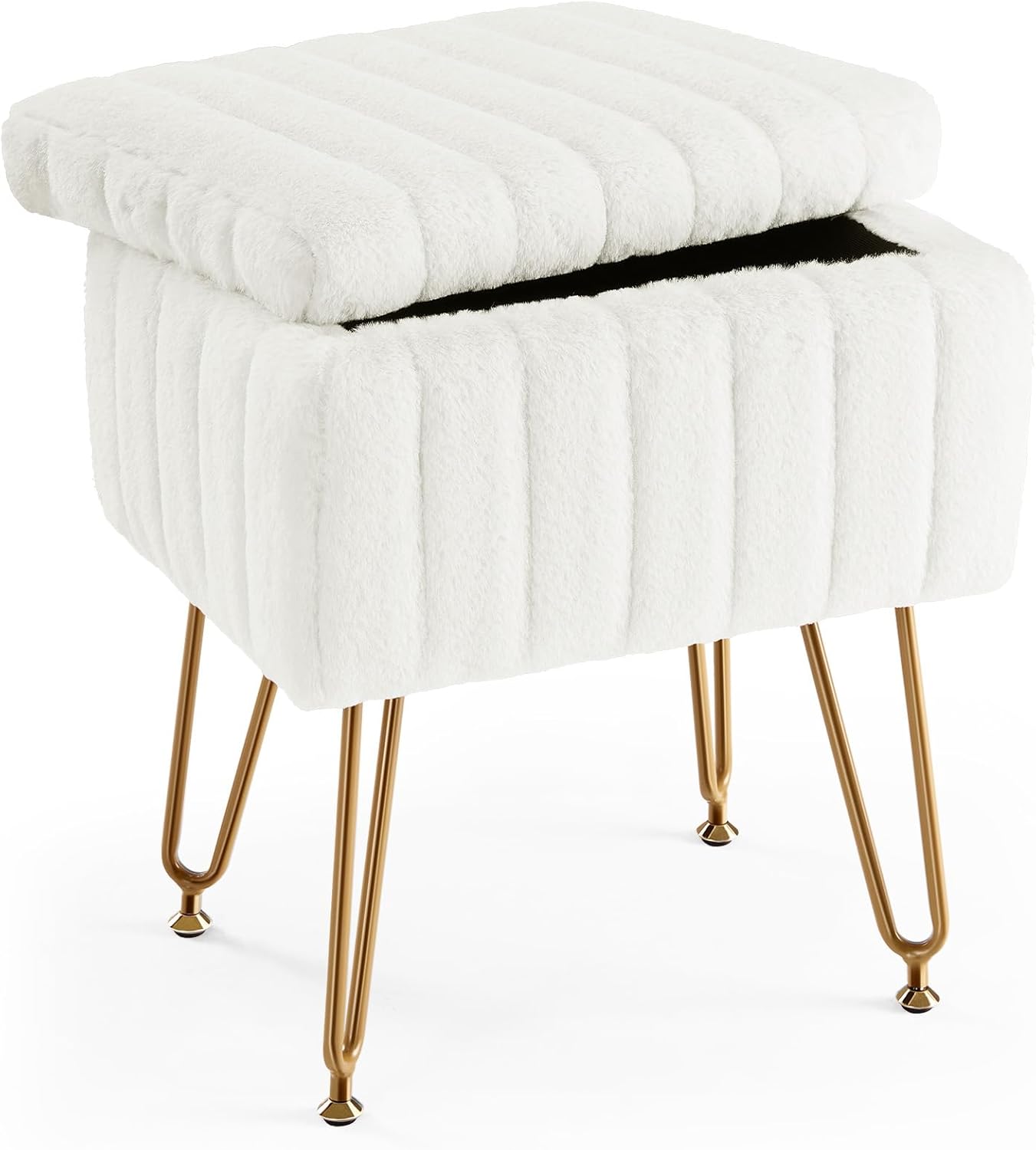 Vanity Stool Chair with Storage, 18.9”H x 16”L x 12.2”W Ottoman Chair Faux Fur Soft Padded Makeup Footstools Seat with 4 Metal Legs Anti-Slip Adjustable Feet for Make Up, Pink