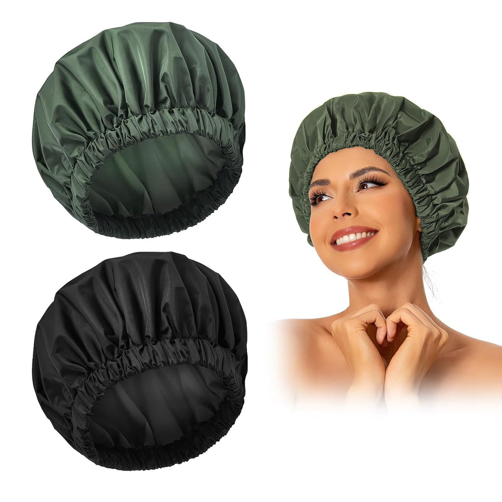 Reusable Shower Cap for Women, Large Waterproof Shower Bonnet Washable Elastic Band Bath Hair Hat for Long Hair, Braids(Green)