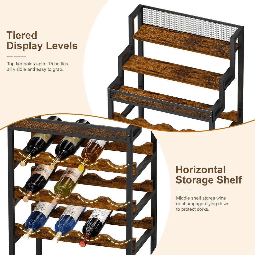 Tiered Wine Rack and Liquor Cabinet, Large Capacity Freestanding Floor Wine Storage Shelf for Red Wine, Champagne & Whiskey, Stepped Bottle Display Stand for Home Bar, Living Room, Corner, Dining Room