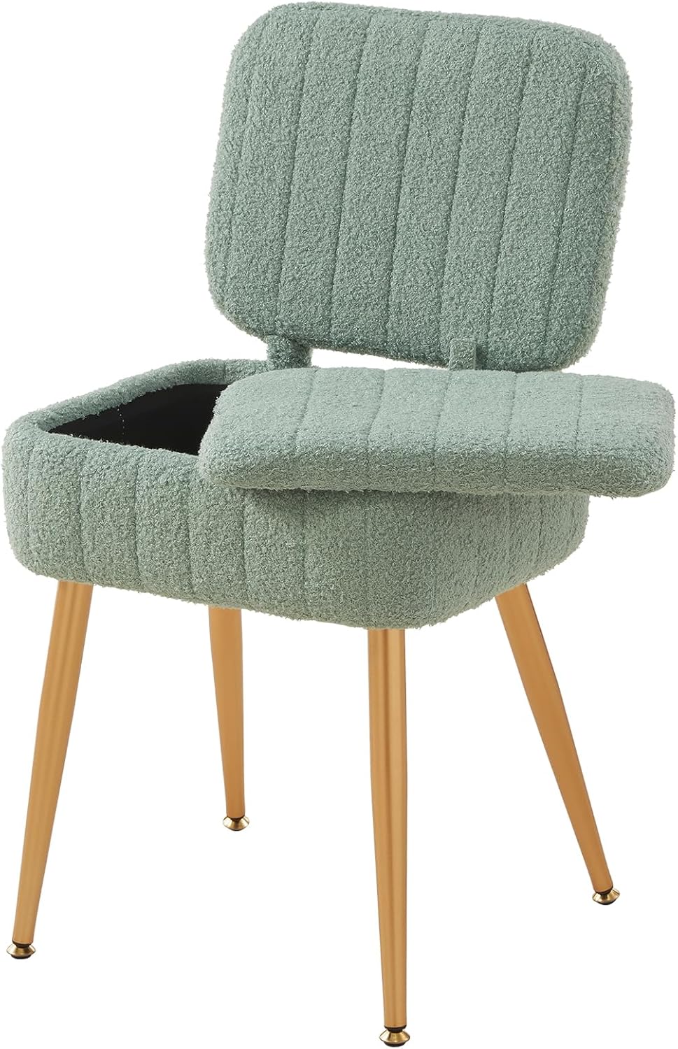 Vanity Chair, Storage Ottoman with Folding Back & Gold-Toned Metal Legs, Ottoman Seat with Teddy Velvet for Dressing Room Living Room Bedroom, 16" x 12.5" Inch