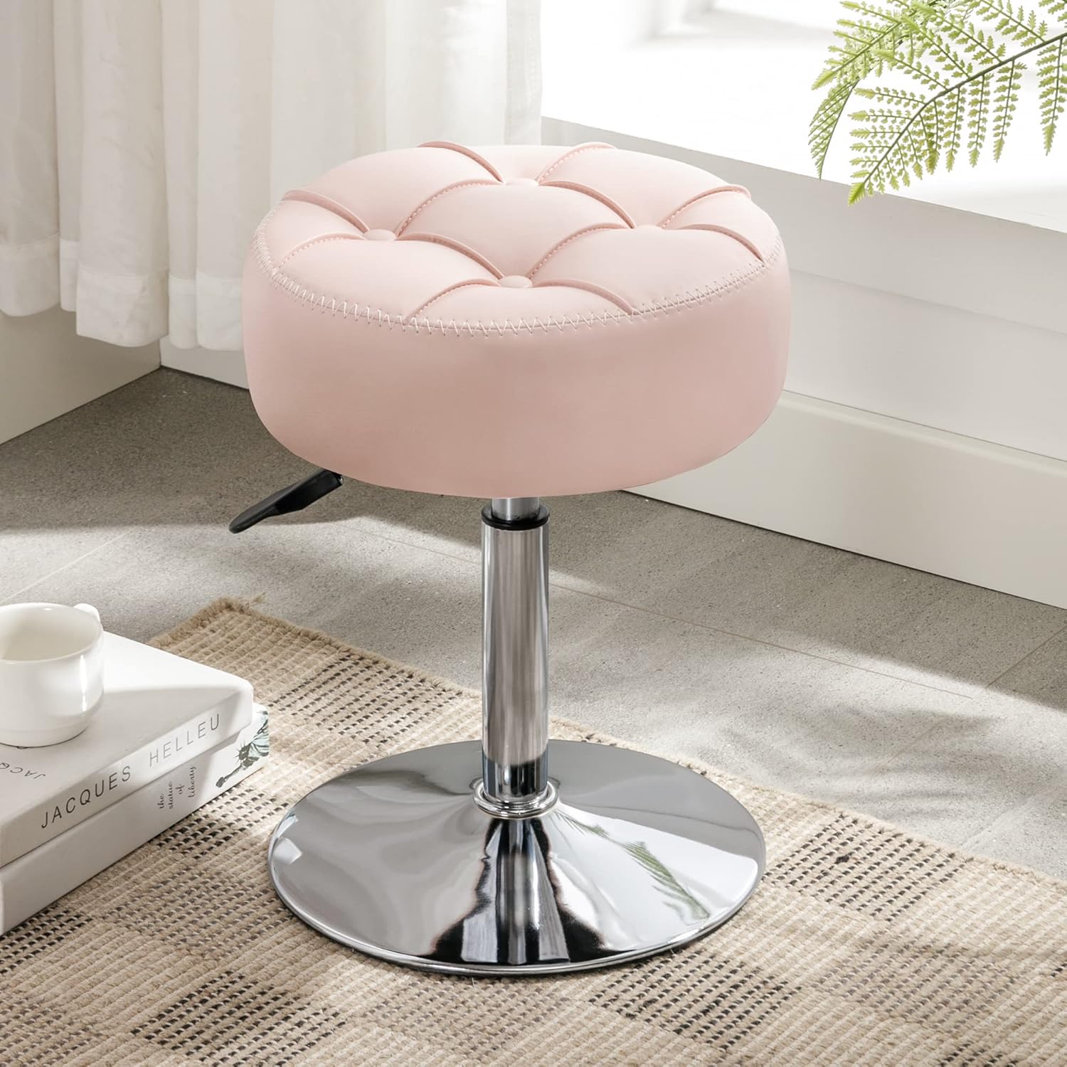Adjustable Vanity Stool, 360 Swivel Chair for Makeup Room, White Faux Leather Stool for Bathroom & Living Room