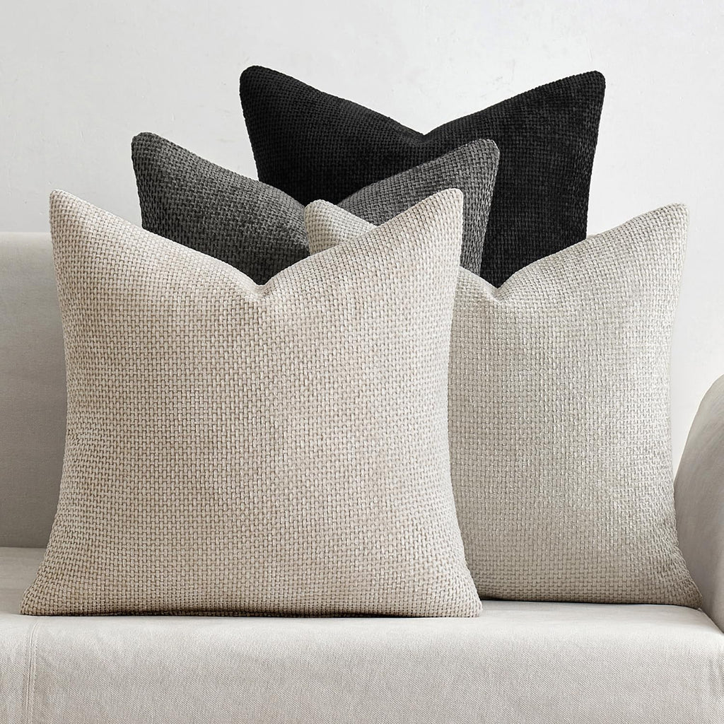 Pack of 4 Couch Throw Pillow Covers 18x18 Inch Neutral Soft Decorative Chenille Pillow Covers Farmhouse Boho Cushion Covers for Mid Century Modern Spring Home Decor Sofa Bedroom Living Room