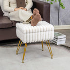 Faux Fur White Vanity Stool Chair with Storage Ottoman, Vanity Chair for Makeup Room, Vanity Stools for Bedroom, Footrest with Metal Legs and as a Coffee Table, White