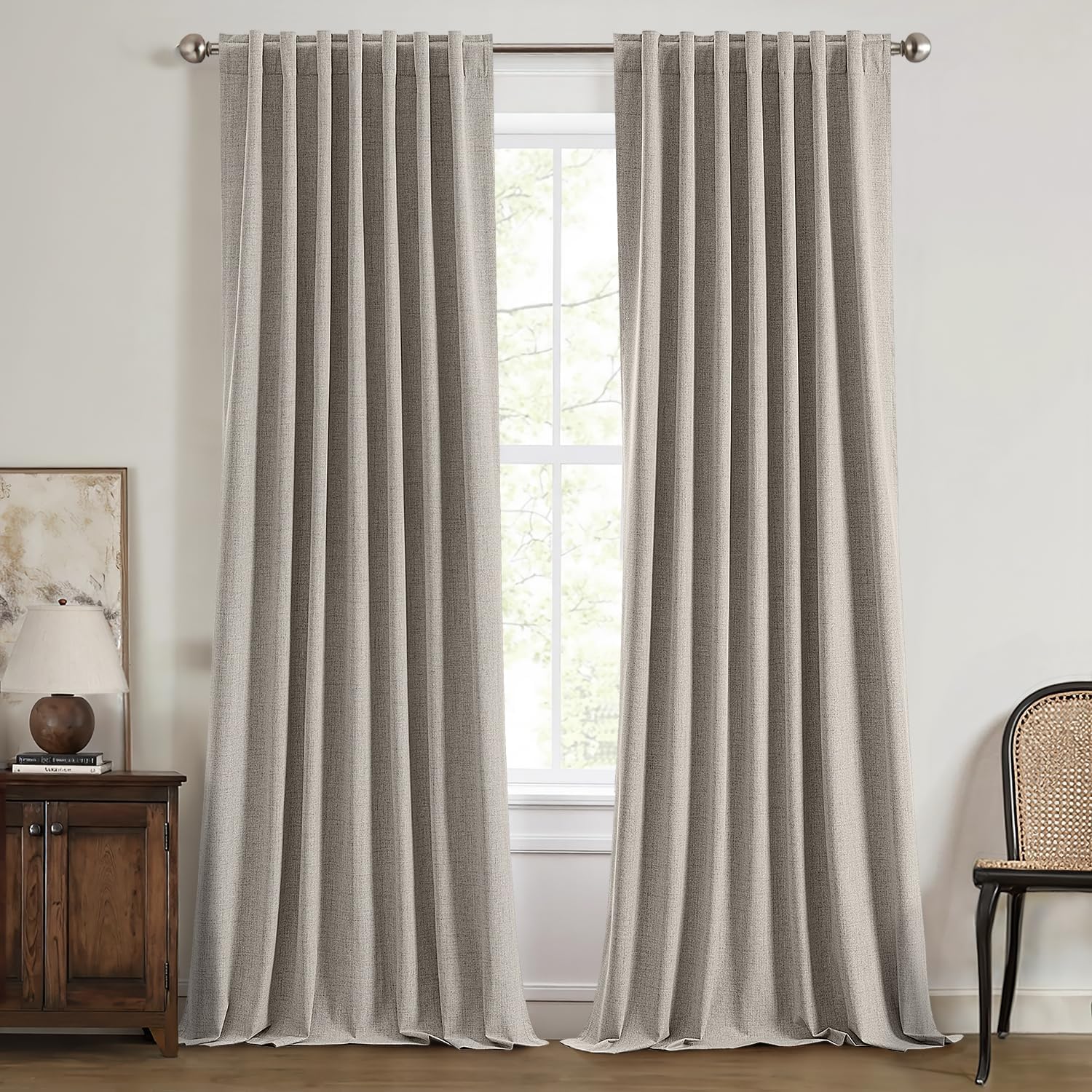 100% Blackout Linen Curtains for Bedroom, Ivory Solid Luxury Decor Thermal Insulation Room Darkening Drapes for Living Room Nursery Back Tab Rod Pocket 42 x 84 Inches, 2 Panels
