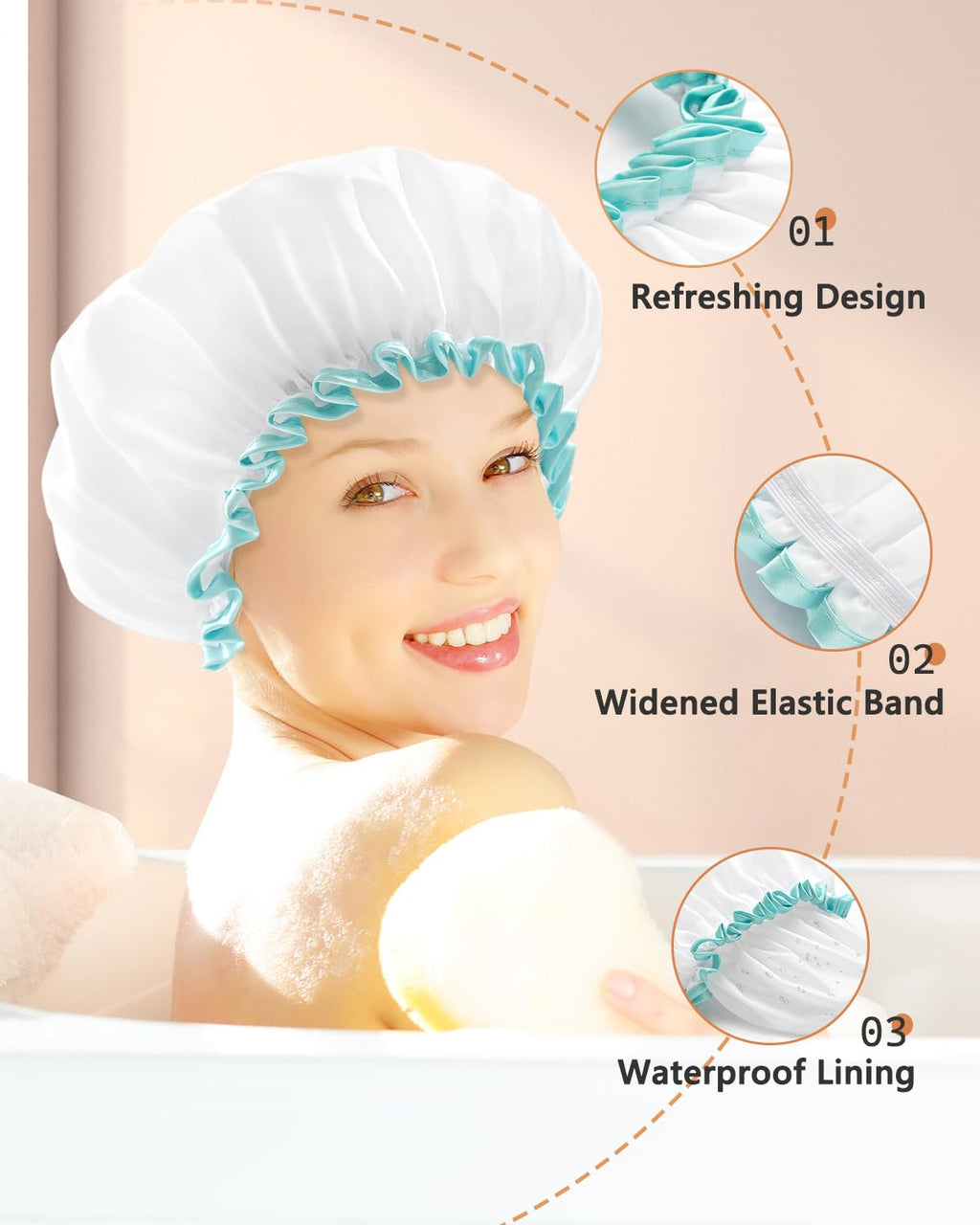 White Shower Cap for Long Hair 1 Pack, 12 inch large size,Waterproof Washable Hair Caps for Women and Girls, Super Cute and Extra Large