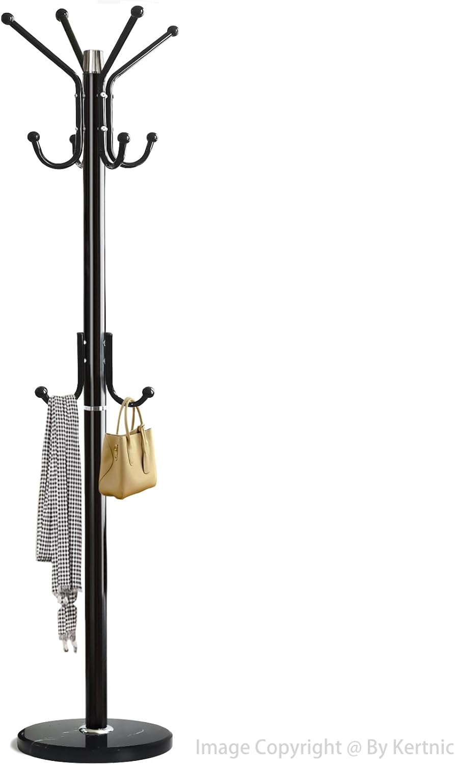 Modern Coat Rack Freestanding with Natural Marble Base & Sturdy Metal Frame, 11 Hooks Hall Tree for Jackets, Hats, Bags, Entryway Organizer for Bedroom, Living Room, Closet (11 hooks-Black)