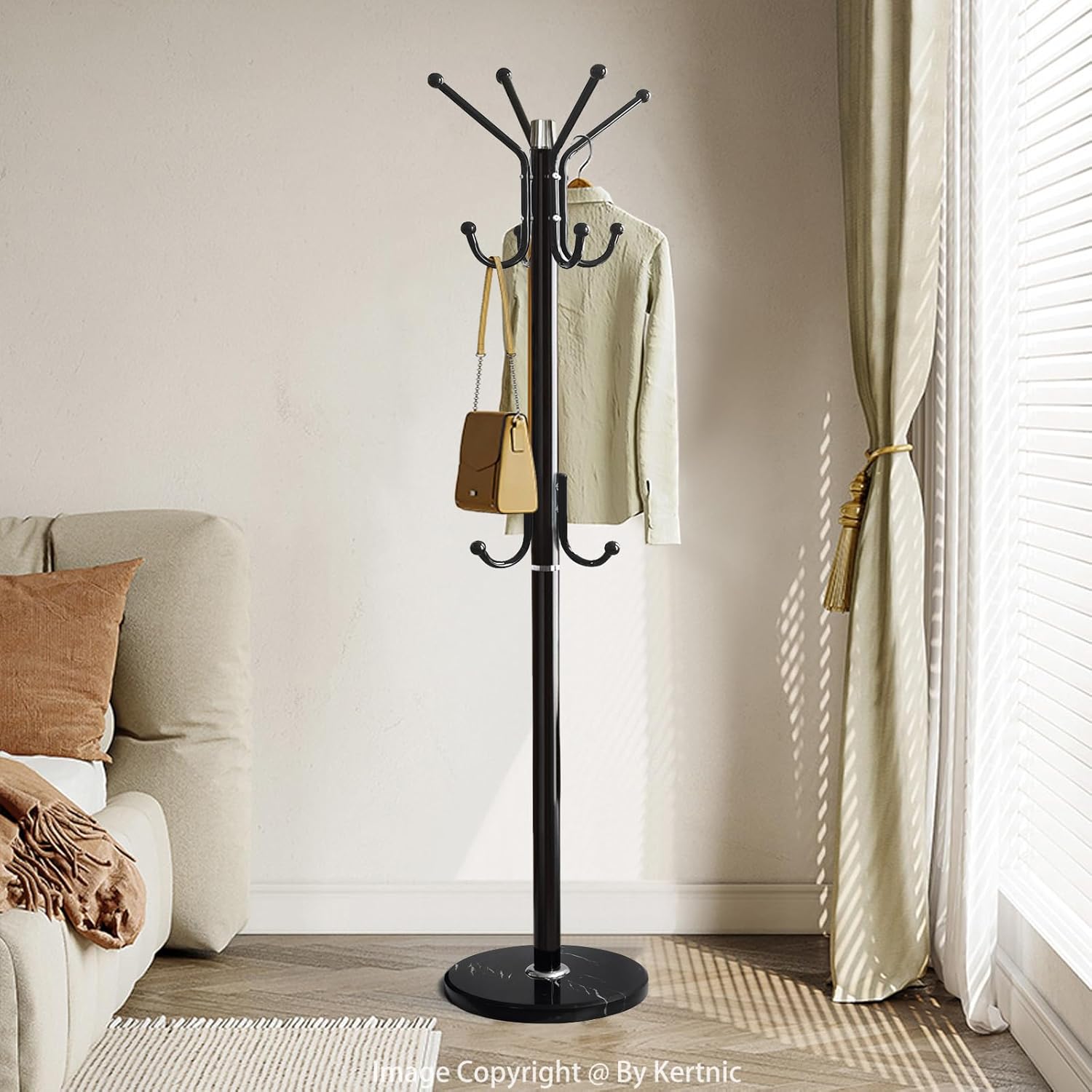 Modern Coat Rack Freestanding with Natural Marble Base & Sturdy Metal Frame, 11 Hooks Hall Tree for Jackets, Hats, Bags, Entryway Organizer for Bedroom, Living Room, Closet (11 hooks-Black)