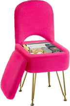 Small Vanity Stool Chair with Storage and Folding Back, 13.4" x 15" x 30" Square Faux Fur Soft Ottoman, 4 Metal Legs with Anti-Slip Feet, Furry Padded Seat for Makeup, Bedroom, White