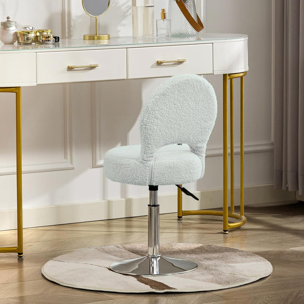 Small Vanity Chair, 360 Swivel Vanity Stool with Folding Back for Teenager, Comfy Teddy Ottoman Stool for Bedroom, Dressing Room, Teddy Fabric, White