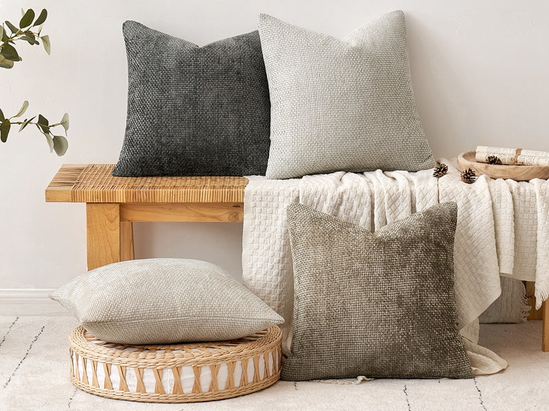 Pack of 4 Couch Throw Pillow Covers 18x18 Inch Neutral Soft Decorative Chenille Pillow Covers Farmhouse Boho Cushion Covers for Mid Century Modern Spring Home Decor Sofa Bedroom Living Room