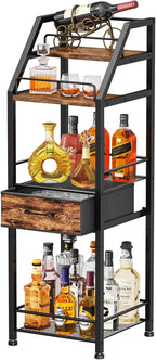 HapiRm Wine Rack Freestanding Floor - Multi-Tier Liquor Cabinet with Fabric Drawer, Liquor Bottle Display Shelf with Glass Holder, Vintage Whiskey Cabinet for Home