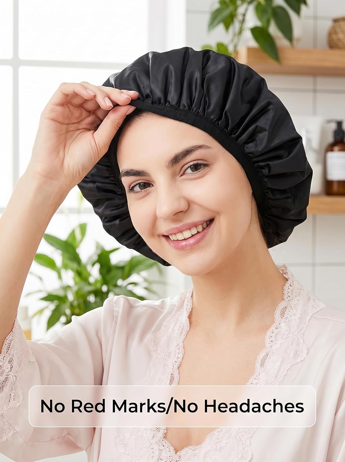 Shower Cap,Terry Lined Shower Cap for Women Reusable, Triple Layer Waterproof Bath Cap, Extra Large for Women Long Hair(Black)