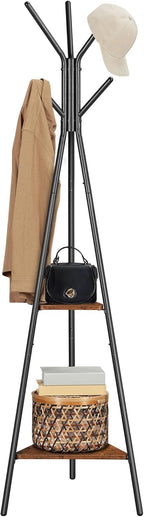 Coat Rack Freestanding, Coat Hanger Stand, Hall Tree with 2 Shelves, for Clothes, Hat, Bag, Industrial Style, Rustic Brown and Black URCR16BX