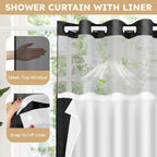 No Hook Shower Curtain and Liner Set, Black Snap in Shower Curtain Ringless Chevron Tufted Cloth Waterproof Washable Fabric Bath Curtain with See Through Top Window for Bathroom Hotel 71" x 74"