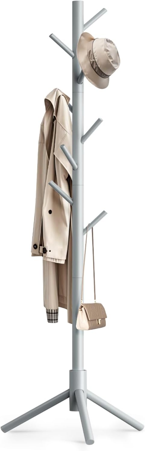 Coat Rack Freestanding with 8 Hooks,Easy Assembly New Zealand Pine Tree Coat Racks, 3 Adjustable Sizes for Clothes, Hats, Bags, for Entryway, Hallway, Bedroom, Office (White, 1 PC)