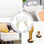 Faux Fur White Vanity Stool Chair with Storage Ottoman, Vanity Chair for Makeup Room, Vanity Stools for Bedroom, Footrest with Metal Legs and as a Coffee Table, White