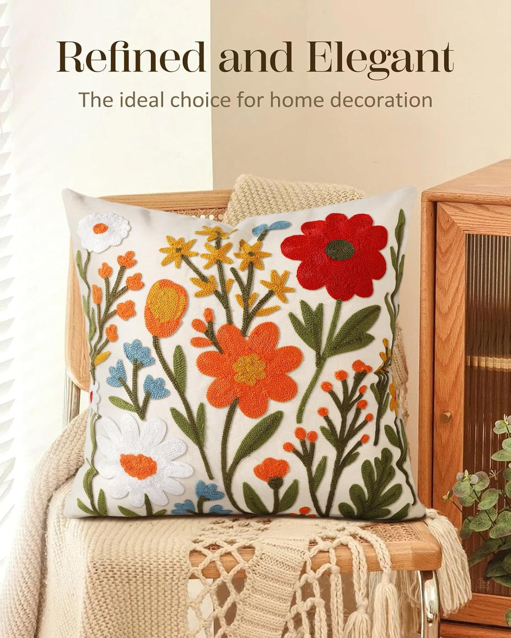 Embroidered Throw Pillow Cover 18x18 Inch - Spring Summer Boho Decorative Pillow Cover with Zipper for Living Room Couch Sofa Bed Aesthetic Design Flower Cluster Cushion Pillowcase