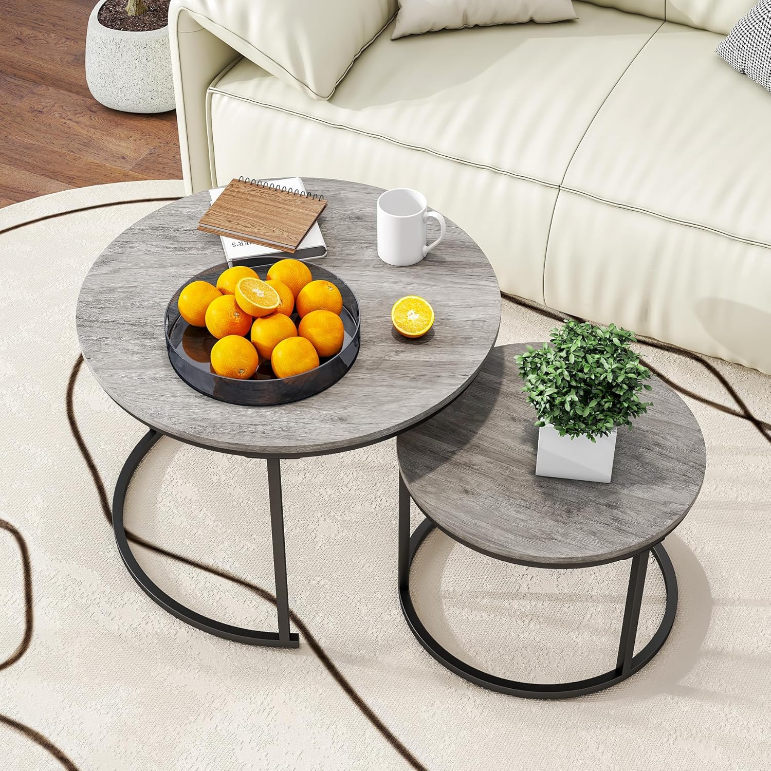 HOJINLINERO Round Coffee Table,Nesting Coffee Table Set of 2,Center Tables for Living Room,Office, Home Small Space,Stacking Side Tables,Sturdy and Easy Assembly,Wood Desktop,Brown,Large